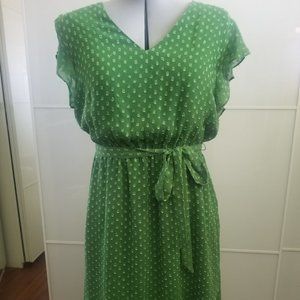 DR2 Tie Waist V-Neck Ruffle Sleeve Textured Dot